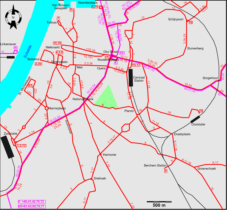 Antwerp 1949 downtown tram map