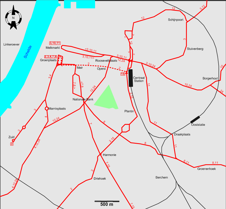 Antwerp 1975 downtown tram map