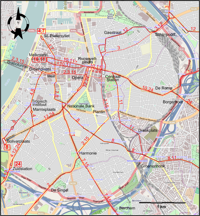 Antwerp 2002 downtown tram map