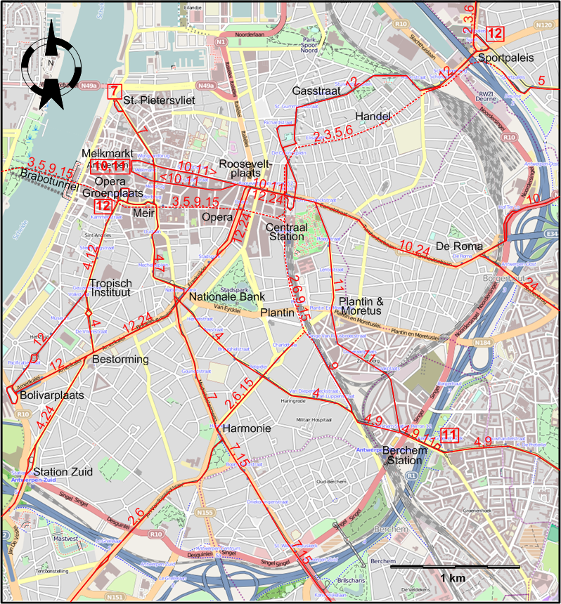 Antwerp 2012 downtown tram map