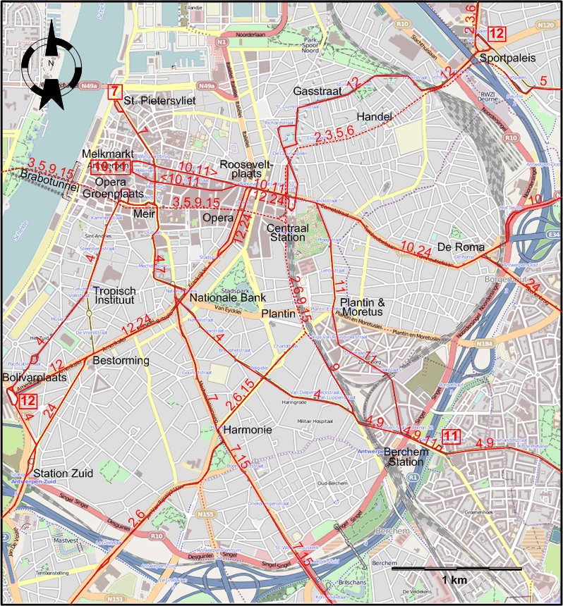 Antwerp 2014 downtown tram map