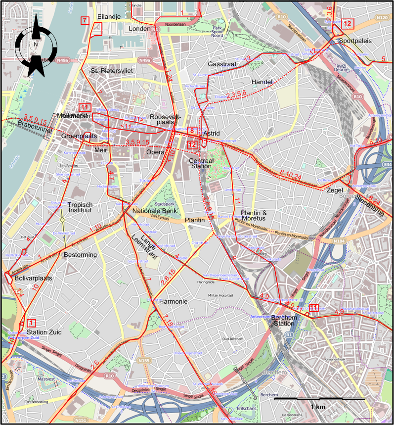 Antwerp 2019 downtown tram map