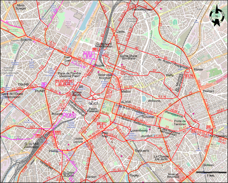 Brussels 1968 centre tram map