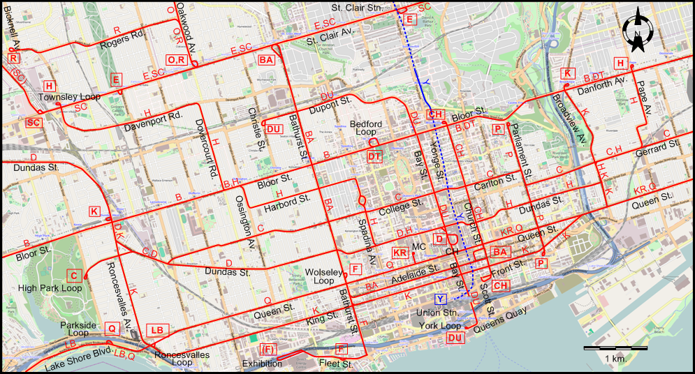 Toronto downtown tram map 1954