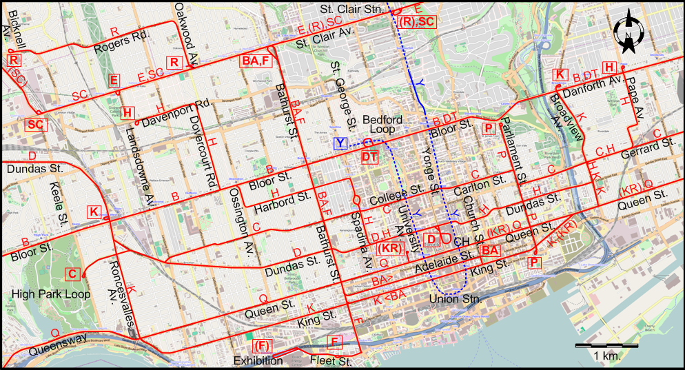Toronto downtown tram map 1963