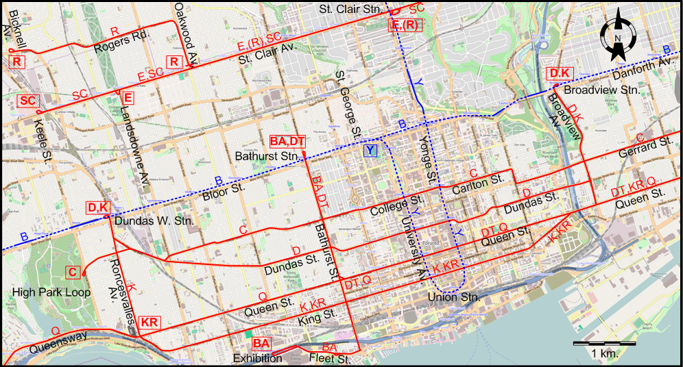 Toronto downtown tram map 1973