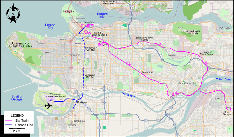 Vancouver rail sky train canada line map 2009