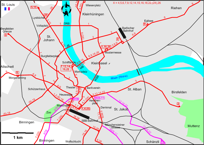 Basel 1955 downtown tram map
