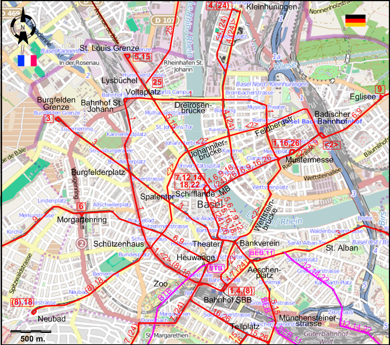 Basel 1955 downtown tram map