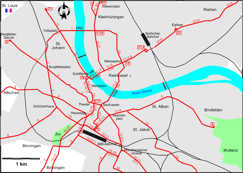 Basel 2005 downtown tram map