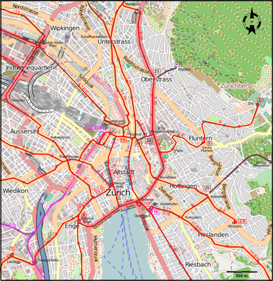 Central Zurich tram map
