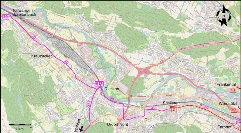 Zurich Limmattal LRT tram map