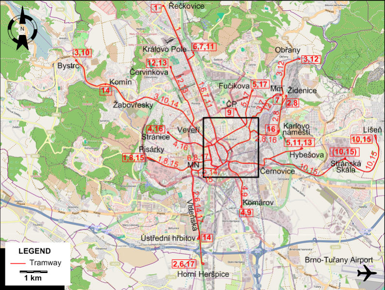 Brno tram map 1965