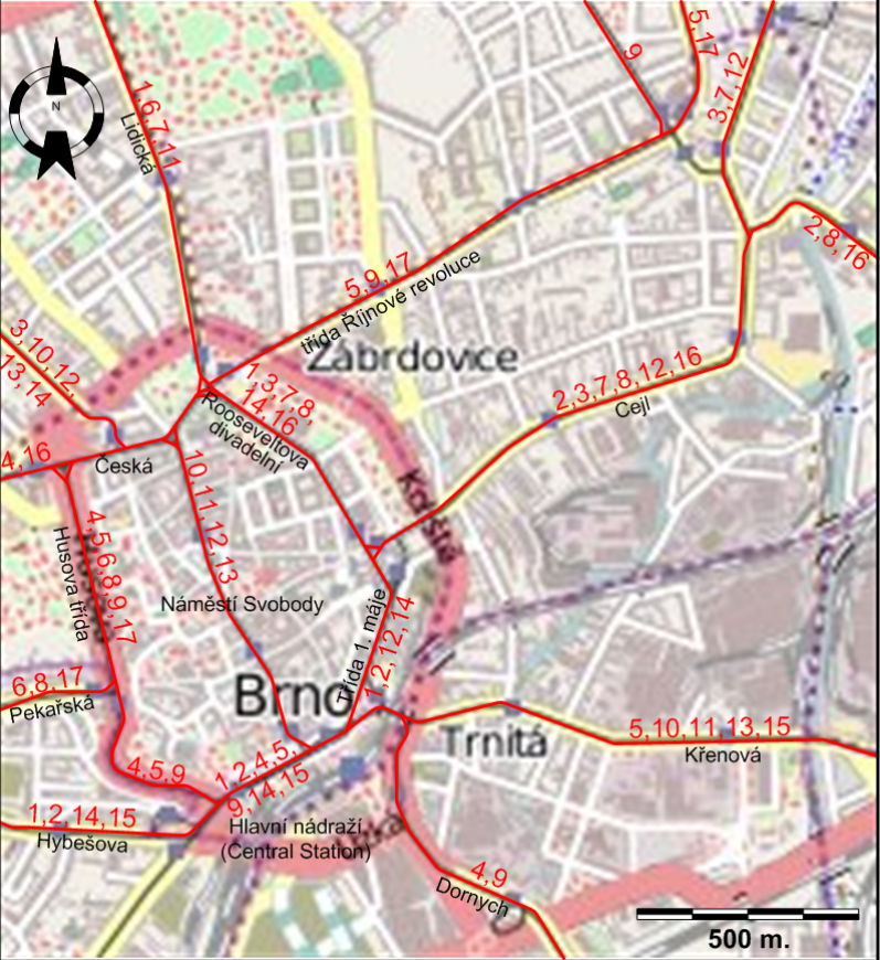 Brno downtown tram map 1965