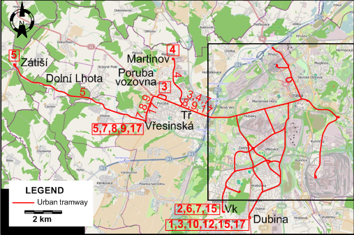 Ostrava tram map 2017