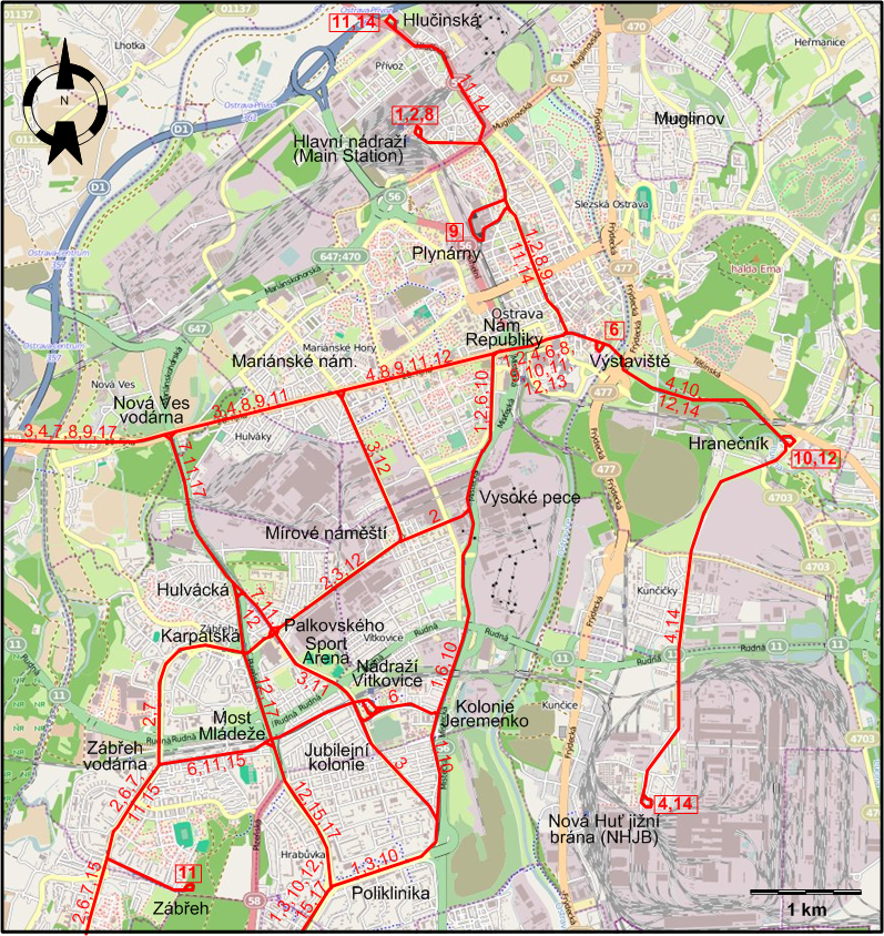 Ostrava downtown tram map 2017