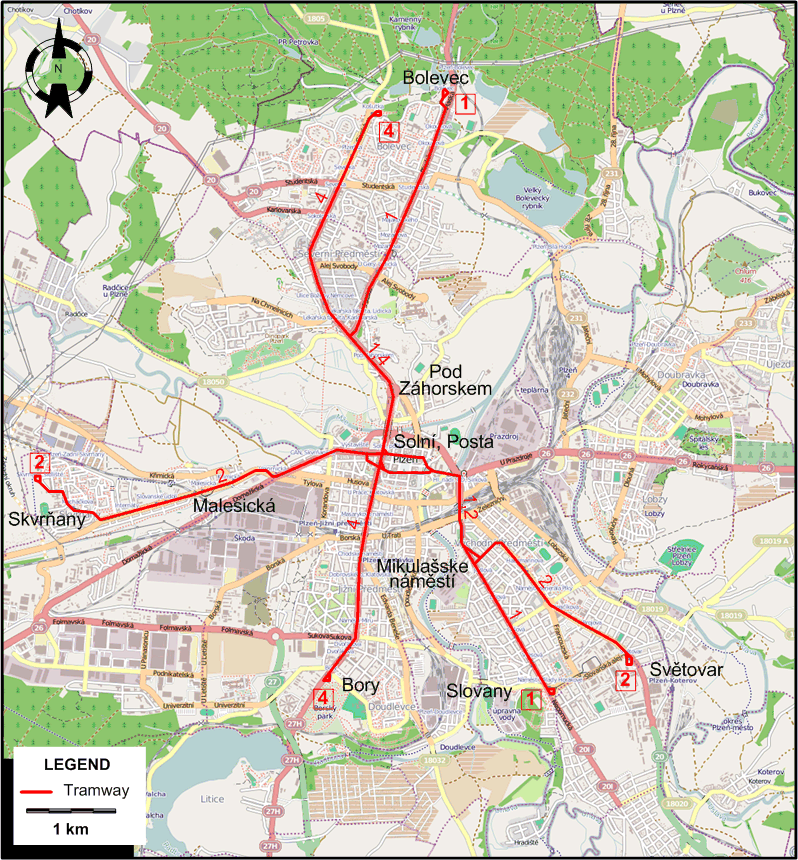 Plzen tram map 2000