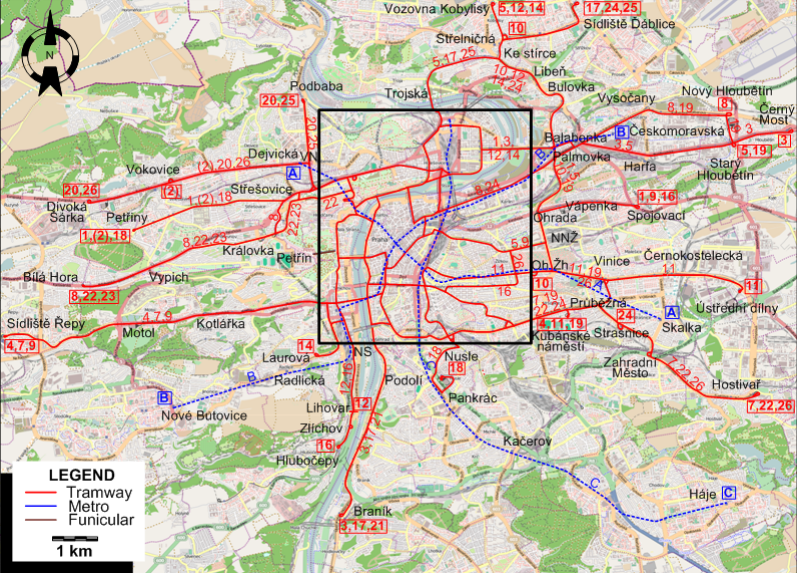 Prague tram map 1990