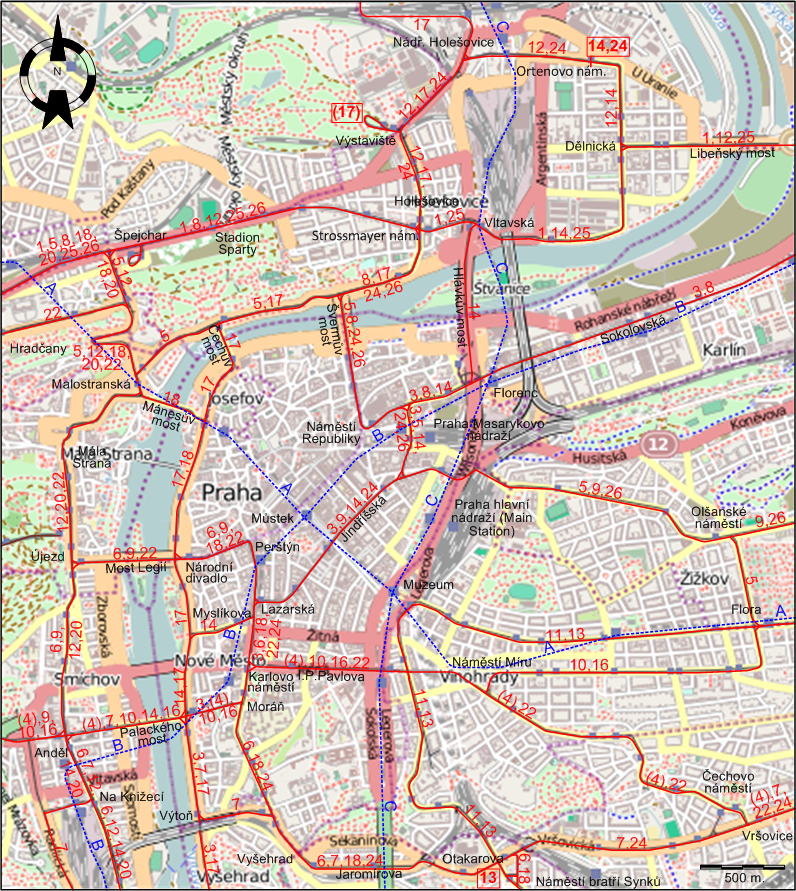Prague downtown tram map 2013