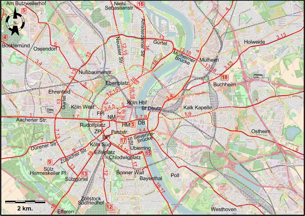 Central Cologne tram map 2025
