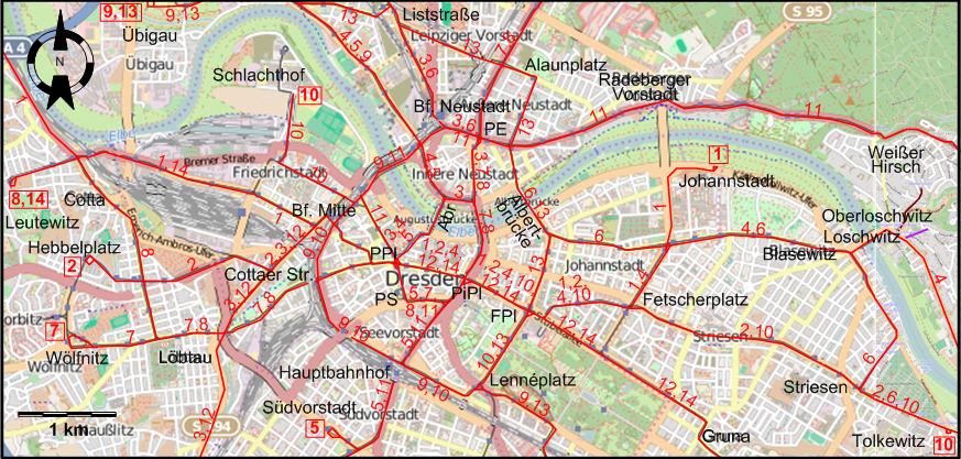 Dresden downtown tram map 1974