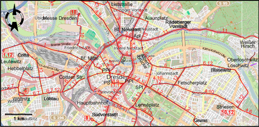 Dresden downtown tram map 2015
