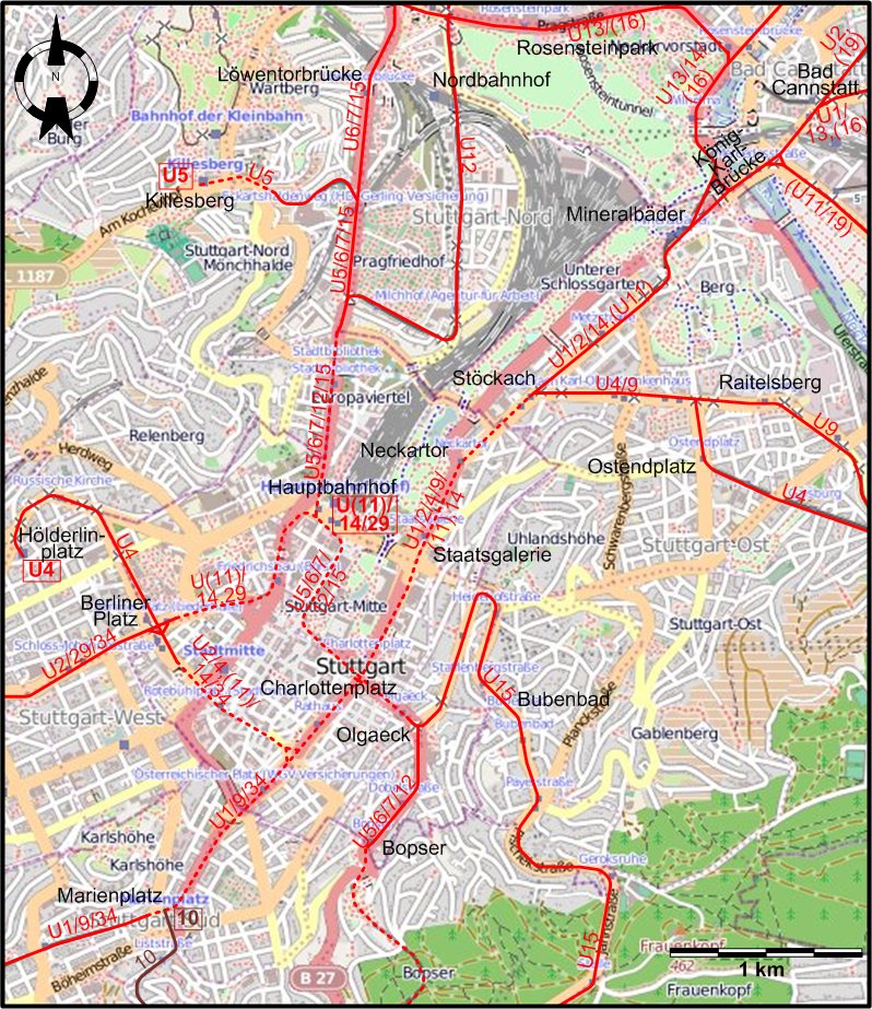 Stuttgart centre tram map 2022