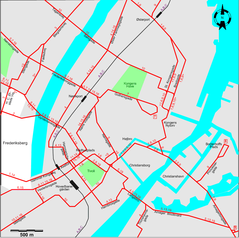 Copenhagen 1953 downtown tram map