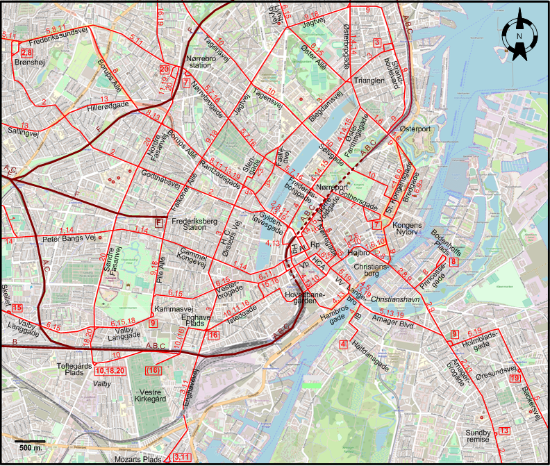 Copenhagen 1953 downtown tram map