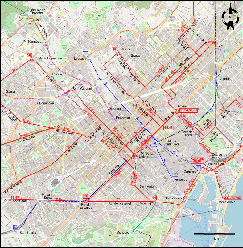 Barcelona 1966 central tram map