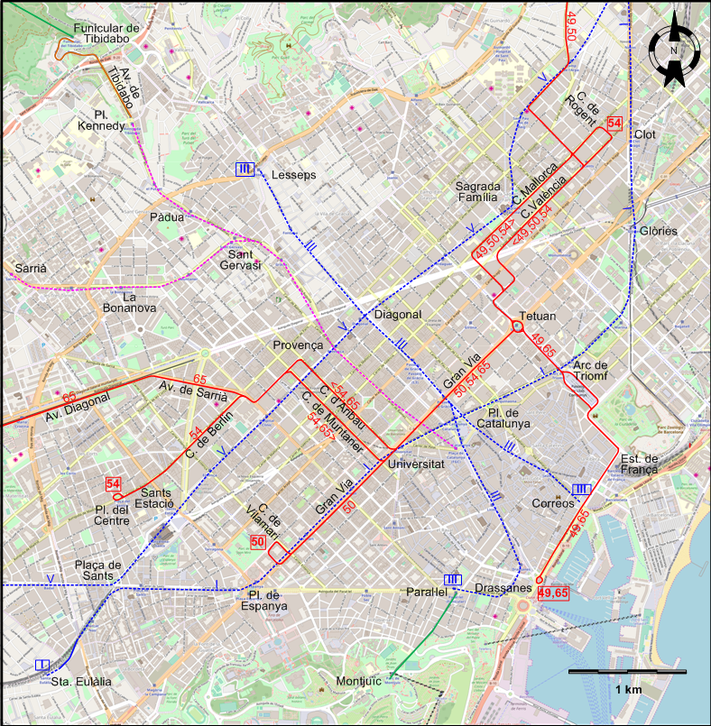 Barcelona 1970 central tram map