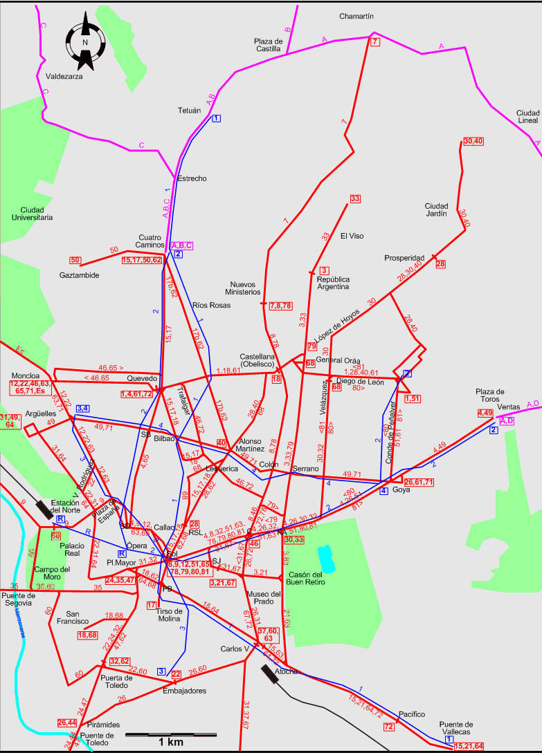 Madrid 1945 downtown tram map