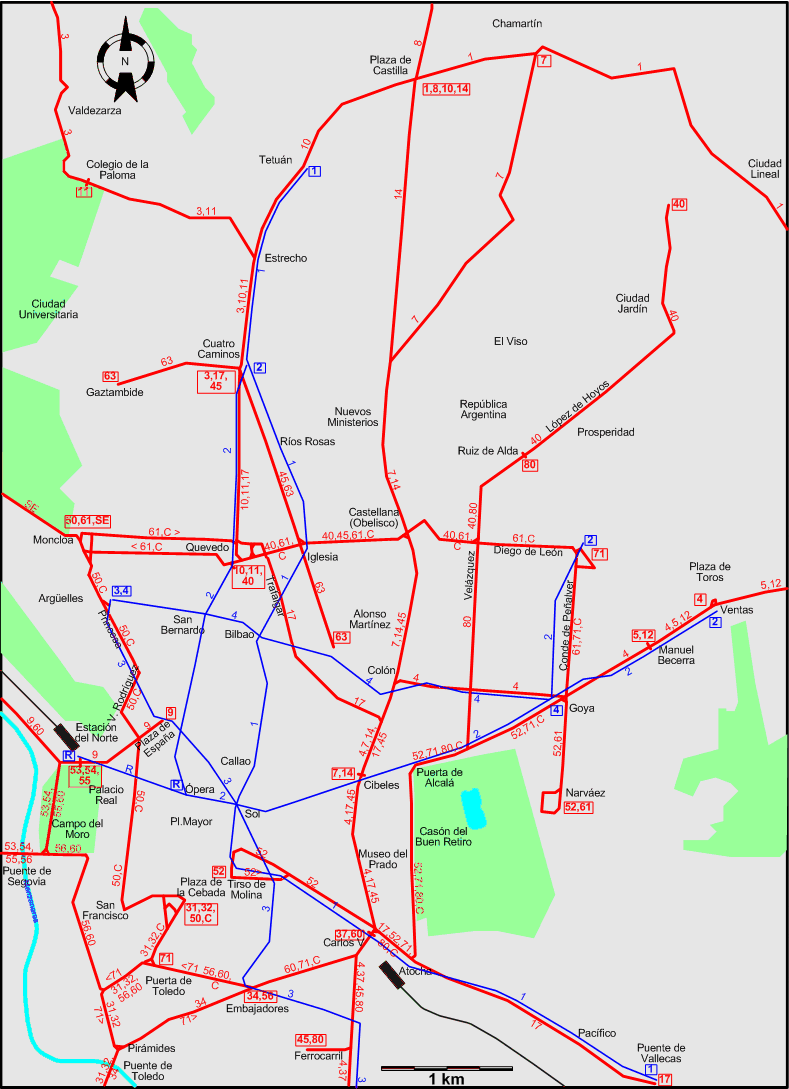 Madrid 1958 downtown tram map