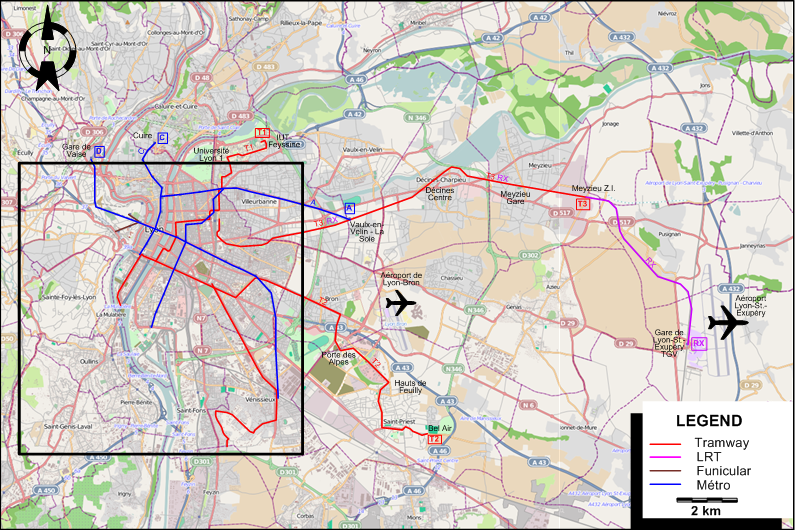 Lyon suburbs tram map 2010