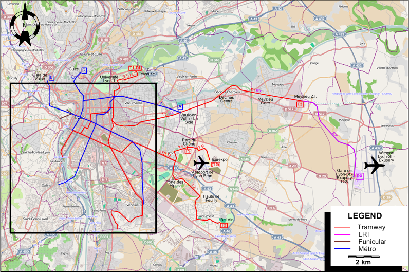 Lyon suburbs tram map 2013