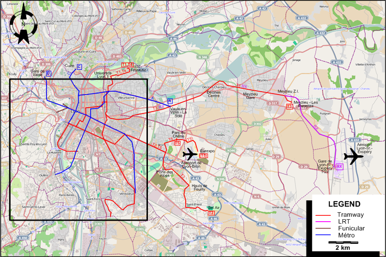 Lyon suburbs tram map 2014