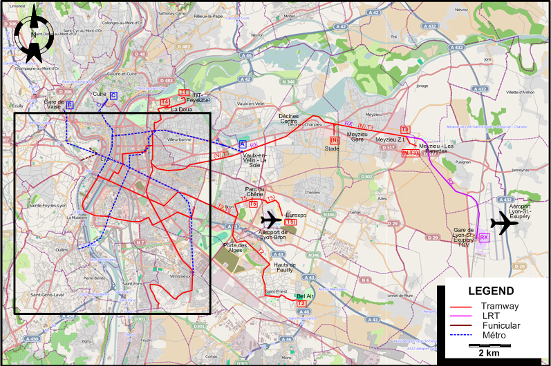 Lyon suburbs tram map 2019