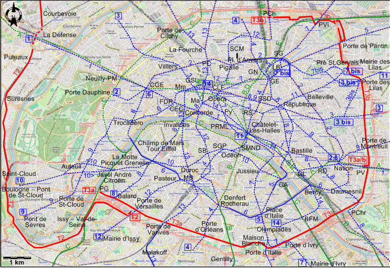 Paris Centre 2016 tram map