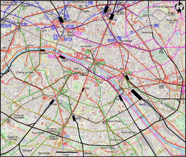 Paris 1911 downtown tram map