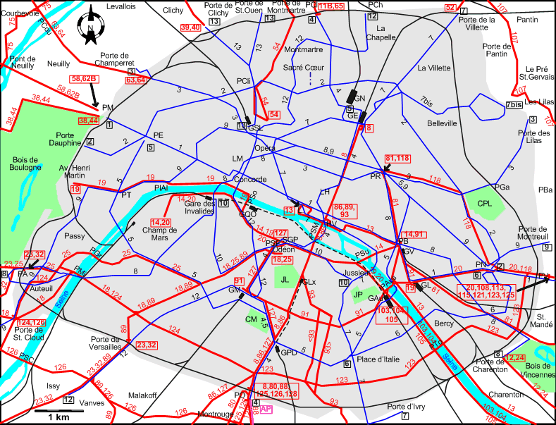 Paris 1935 downtown tram map