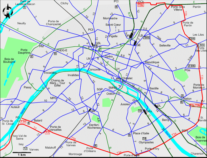 Paris 2009 downtown tram map