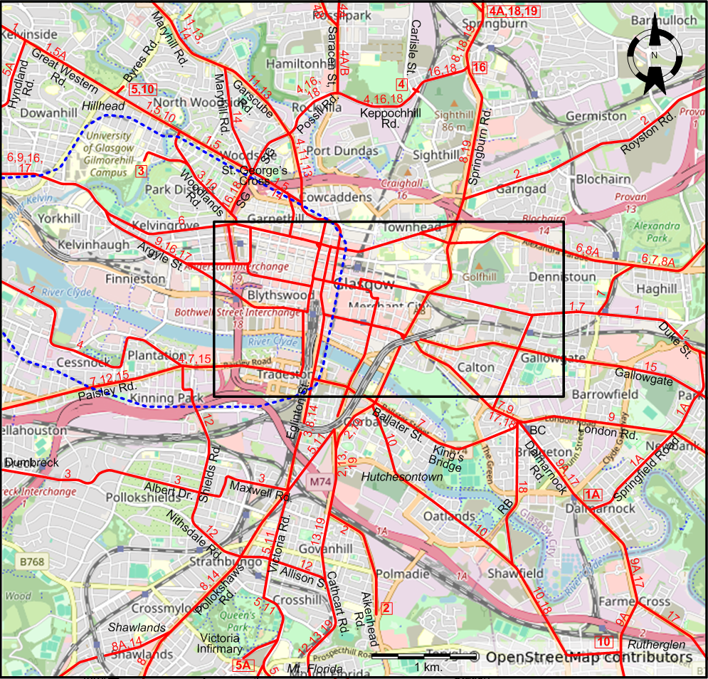 Glasgow 1938 central area tram map