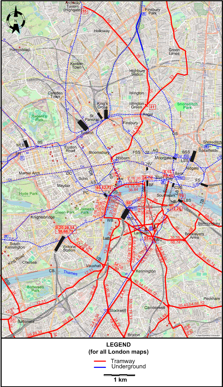London 1940 centre tram map