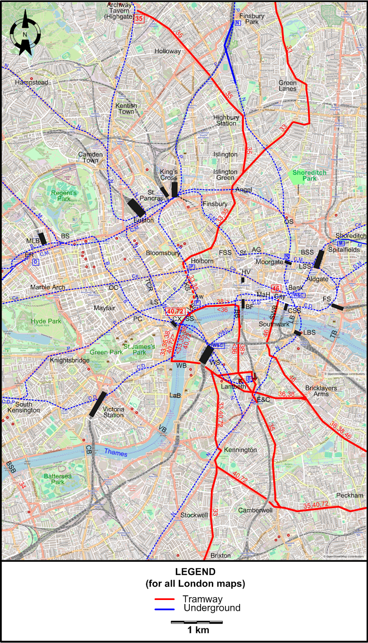 London 1952 centre tram map