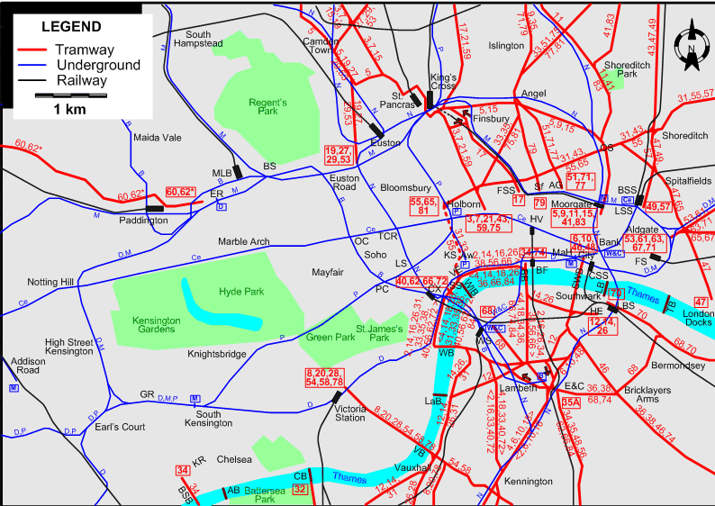 London 1934 downtown tram map
