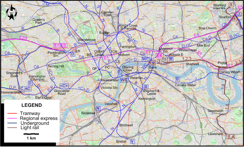 Central London 2022 urban rail map
