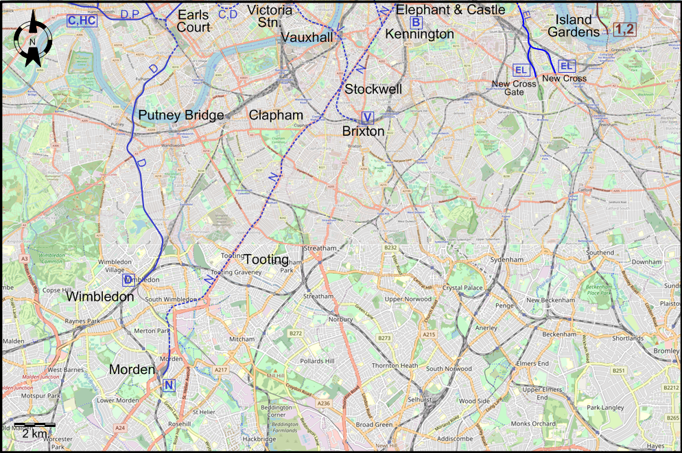 South London 1987 tram and urban rail map