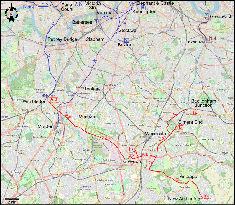 South London 2022 tram and urban rail map