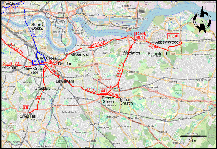 Southeast London 1952 tram map