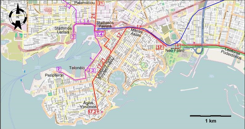 Piraeus tram map 1953